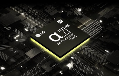 An angled view of LG OLED G3 on the wall of a city-view apartment with a Soundbar below.